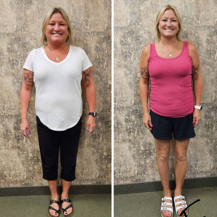 Cathy J. before and after — lost 34 lbs and 19.5 inches