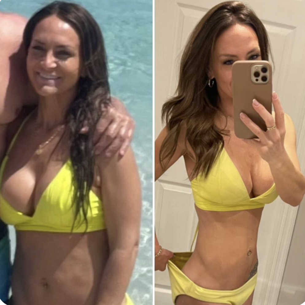 Erica R. before and after — lost 20 lbs in 6 weeks