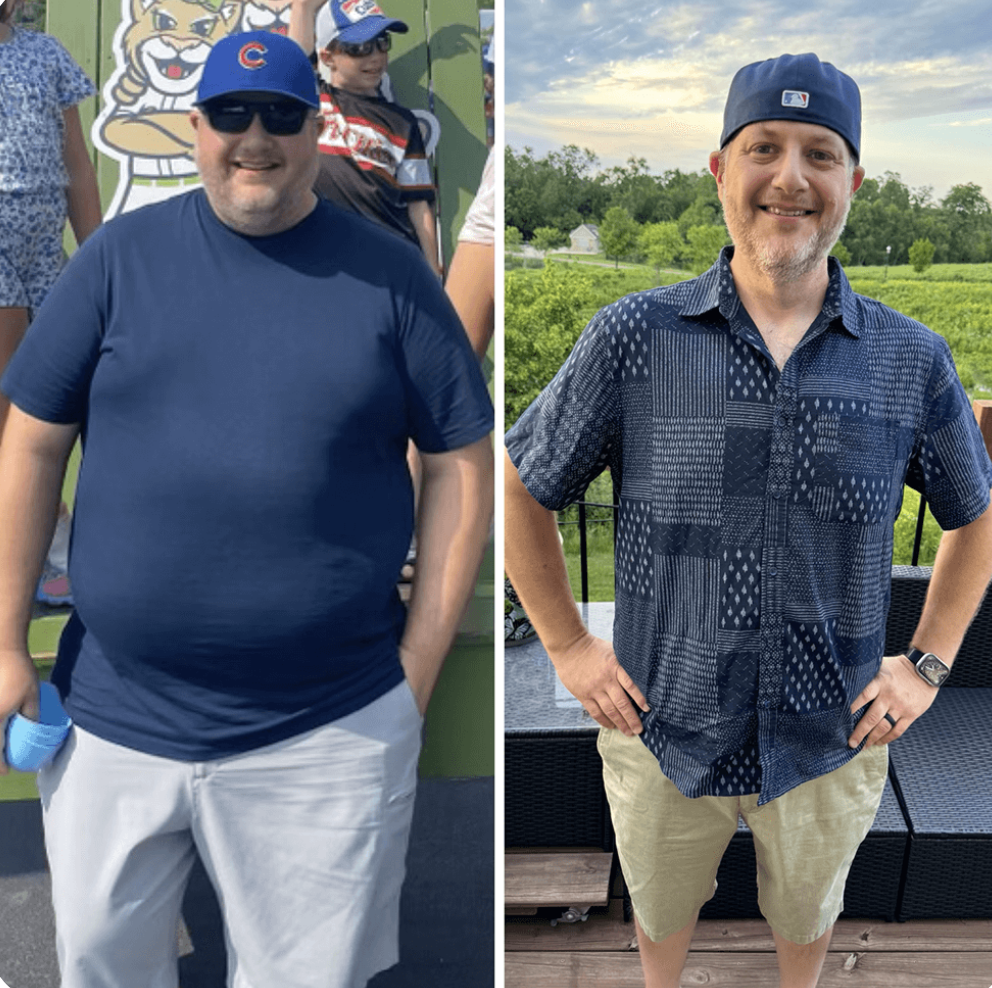 Lou L. before and after — lost 97 lbs in 5 months